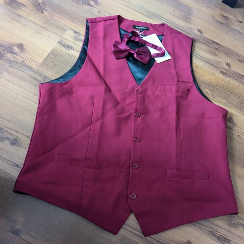 NWT Men's Burgundy Vest and Bow Tie Set